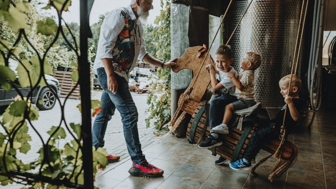 Adults interacting with children enjoying a playful moment indoors on swings.